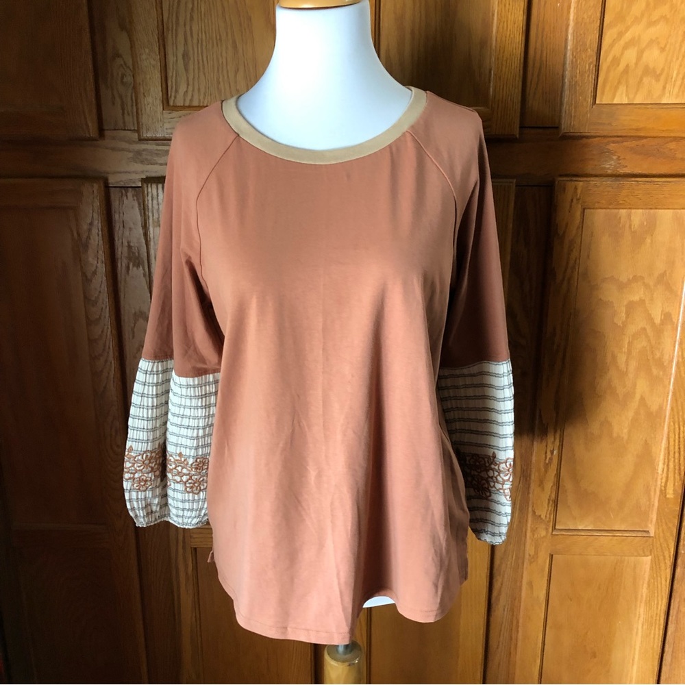 🎃ROOLEE Women’s Brown Boho Floral Embroidered Balloon Sleeve Top Blouse Size M